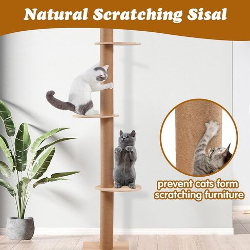 Littleglovo Adjustable Height Floor to Ceiling Cat Tree, 15.57 in Square Base, 3-Level Platform, Sisal Coated Posts, 11cm Diameter, 15.35 in Springboard, Easy Assembly in Saudi Arabia
