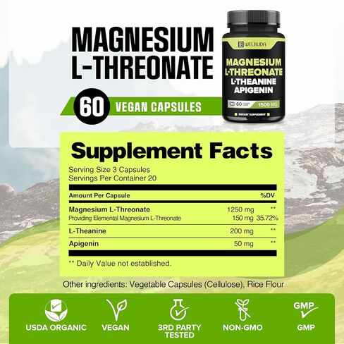 60 Capsules - Magnesium L-Threonate with L-Theanine & Apigenin - 1500mg Magnesium Supplement - Support for Brain Health, Memory, Focus & Immune System in Kuwait