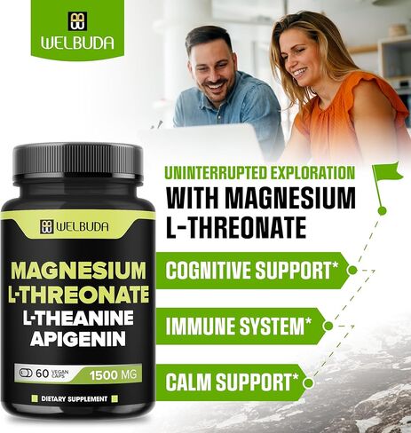 60 Capsules - Magnesium L-Threonate with L-Theanine & Apigenin - 1500mg Magnesium Supplement - Support for Brain Health, Memory, Focus & Immune System in Kuwait