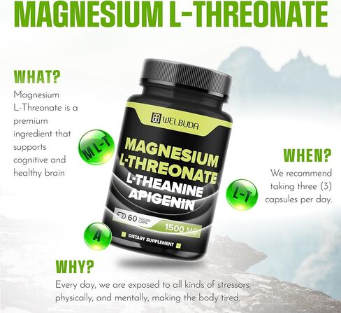 60 Capsules - Magnesium L-Threonate with L-Theanine & Apigenin - 1500mg Magnesium Supplement - Support for Brain Health, Memory, Focus & Immune System in Kuwait