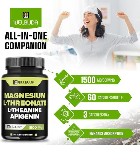 60 Capsules - Magnesium L-Threonate with L-Theanine & Apigenin - 1500mg Magnesium Supplement - Support for Brain Health, Memory, Focus & Immune System in Kuwait