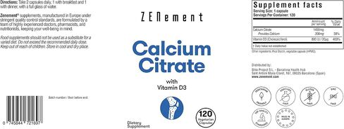 Zenement | Calcium Citrate, with Vitamin D3, 120 Capsules | for Bone Health and to Prevent Low Levels of Calcium in The Blood | Additives Free, Allergen Free, Non-GMO in Saudi Arabia