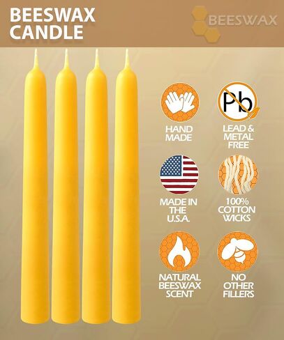 Hyoola 6" Beeswax Taper Candles - 6 Hour Burn Time - Yellow Beeswax Candles - 4 Pack in Kuwait
