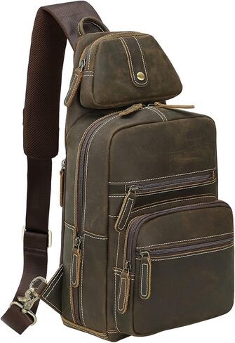 TIDING Men's Genuine Leather Sling Bag Vintage 11 Inch Tablet Crossbody Chest Daypack with Detachable Pocket, Dark Brown in Kuwait