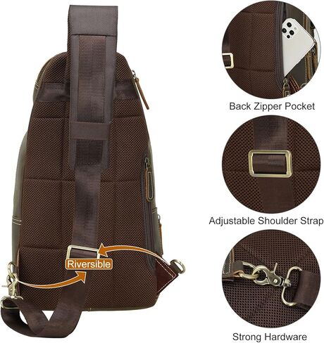 TIDING Men's Genuine Leather Sling Bag Vintage 11 Inch Tablet Crossbody Chest Daypack with Detachable Pocket, Dark Brown in Kuwait