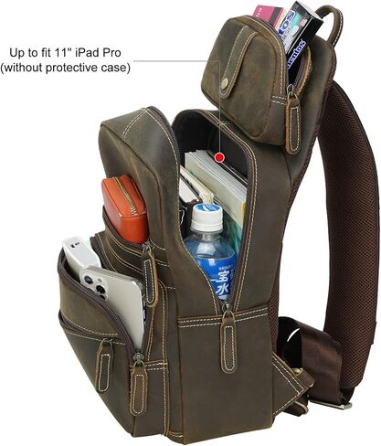 TIDING Men's Genuine Leather Sling Bag Vintage 11 Inch Tablet Crossbody Chest Daypack with Detachable Pocket, Dark Brown in Kuwait