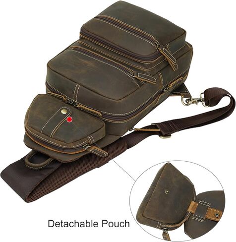 TIDING Men's Genuine Leather Sling Bag Vintage 11 Inch Tablet Crossbody Chest Daypack with Detachable Pocket, Dark Brown in Kuwait