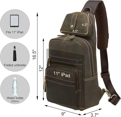 TIDING Men's Genuine Leather Sling Bag Vintage 11 Inch Tablet Crossbody Chest Daypack with Detachable Pocket, Dark Brown in Kuwait