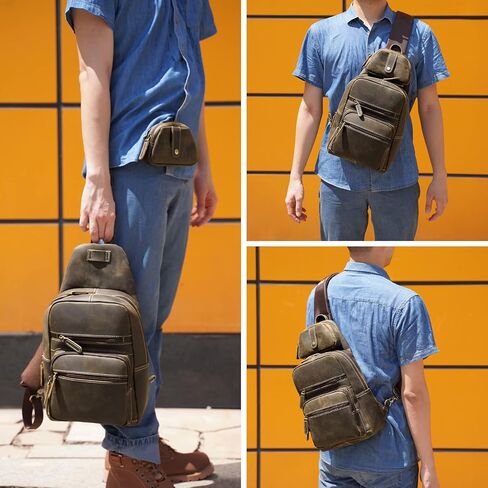 TIDING Men's Genuine Leather Sling Bag Vintage 11 Inch Tablet Crossbody Chest Daypack with Detachable Pocket, Dark Brown in Kuwait