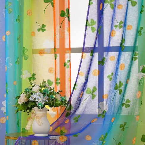 ستائر عيد القديس باتريك الشفافة لغرفة المعيشة بطول 84 بوصة لوحتين، ستائر شامروك قوس قزح الحظ الثروة الأيرلندية تصميم البرسيم ستائر قضيب الجيب معالجة نافذة لغرفة النوم وغرفة الطعام in Kuwait