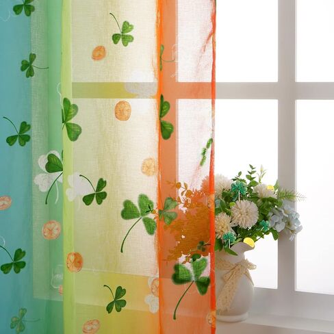 ستائر عيد القديس باتريك الشفافة لغرفة المعيشة بطول 84 بوصة لوحتين، ستائر شامروك قوس قزح الحظ الثروة الأيرلندية تصميم البرسيم ستائر قضيب الجيب معالجة نافذة لغرفة النوم وغرفة الطعام in Kuwait