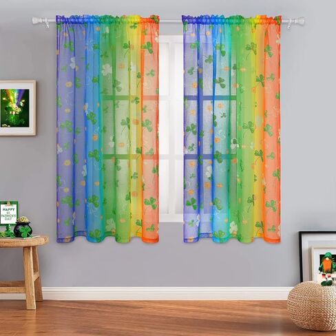 ستائر عيد القديس باتريك الشفافة لغرفة المعيشة بطول 84 بوصة لوحتين، ستائر شامروك قوس قزح الحظ الثروة الأيرلندية تصميم البرسيم ستائر قضيب الجيب معالجة نافذة لغرفة النوم وغرفة الطعام in Kuwait