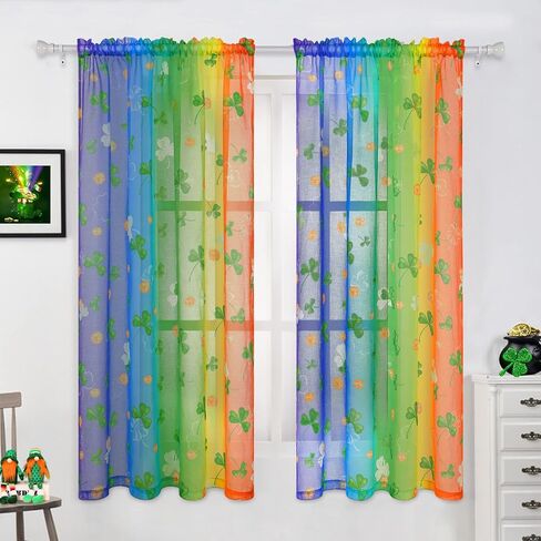 ستائر عيد القديس باتريك الشفافة لغرفة المعيشة بطول 84 بوصة لوحتين، ستائر شامروك قوس قزح الحظ الثروة الأيرلندية تصميم البرسيم ستائر قضيب الجيب معالجة نافذة لغرفة النوم وغرفة الطعام in Kuwait