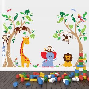 Runtoo Jungle Animals Tree Wall Decals for Nursery Baby Kids Bedroom Monkey Giraffe Elephant Wall Stickers Adventure Wall Décor in Saudi Arabia