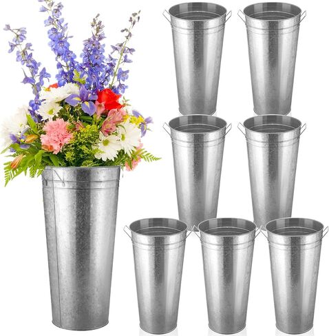 Tatuo 6 Pcs 18.11'' Galvanized Metal Vases Farmhouse French Flower Bucket Vases Floral Buckets Rustic Decorative French Flower Bucket Pots with Handles for Wedding Table Centerpiece Home, Sliver in Saudi Arabia
