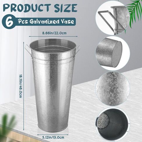 Tatuo 6 Pcs 18.11'' Galvanized Metal Vases Farmhouse French Flower Bucket Vases Floral Buckets Rustic Decorative French Flower Bucket Pots with Handles for Wedding Table Centerpiece Home, Sliver in Saudi Arabia