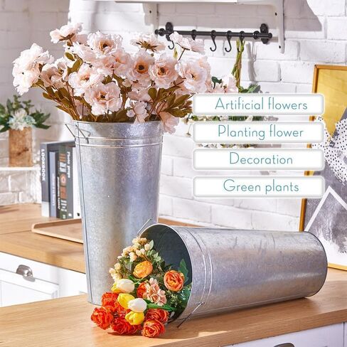 Tatuo 6 Pcs 18.11'' Galvanized Metal Vases Farmhouse French Flower Bucket Vases Floral Buckets Rustic Decorative French Flower Bucket Pots with Handles for Wedding Table Centerpiece Home, Sliver in Saudi Arabia