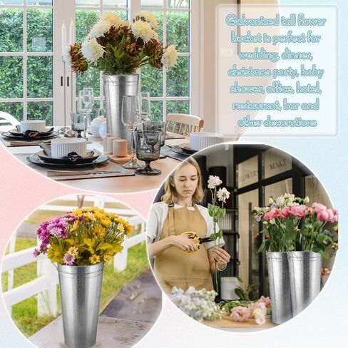 Tatuo 6 Pcs 18.11'' Galvanized Metal Vases Farmhouse French Flower Bucket Vases Floral Buckets Rustic Decorative French Flower Bucket Pots with Handles for Wedding Table Centerpiece Home, Sliver in Saudi Arabia