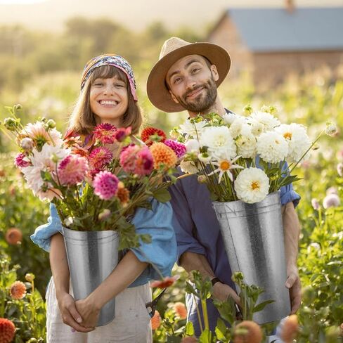 Tatuo 6 Pcs 18.11'' Galvanized Metal Vases Farmhouse French Flower Bucket Vases Floral Buckets Rustic Decorative French Flower Bucket Pots with Handles for Wedding Table Centerpiece Home, Sliver in Saudi Arabia