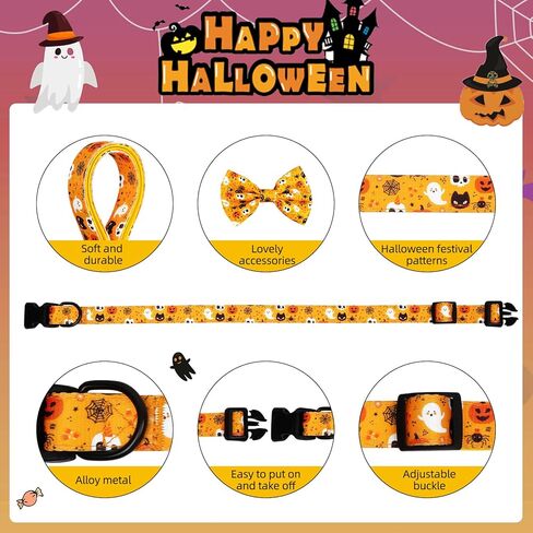 wegitcs هالوين الكلب طوق، عطلة طوق هدية الحيوانات الأليفة مع ربطة عنق وزهرة، قابل للتعديل طوق الكلب اليقطين للكلاب الصغيرة المتوسطة الكبيرة، الذكور الإناث in Kuwait