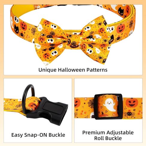 wegitcs هالوين الكلب طوق، عطلة طوق هدية الحيوانات الأليفة مع ربطة عنق وزهرة، قابل للتعديل طوق الكلب اليقطين للكلاب الصغيرة المتوسطة الكبيرة، الذكور الإناث in Kuwait