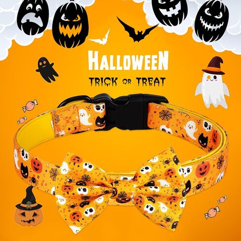 wegitcs هالوين الكلب طوق، عطلة طوق هدية الحيوانات الأليفة مع ربطة عنق وزهرة، قابل للتعديل طوق الكلب اليقطين للكلاب الصغيرة المتوسطة الكبيرة، الذكور الإناث in Kuwait