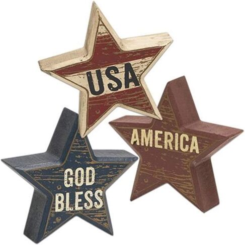 Distressed Patriotic Star Blocks Tabletop Decor | 3 Pc Tied Bundle | Red,White,Blue | 4 inch Real Wood in Saudi Arabia