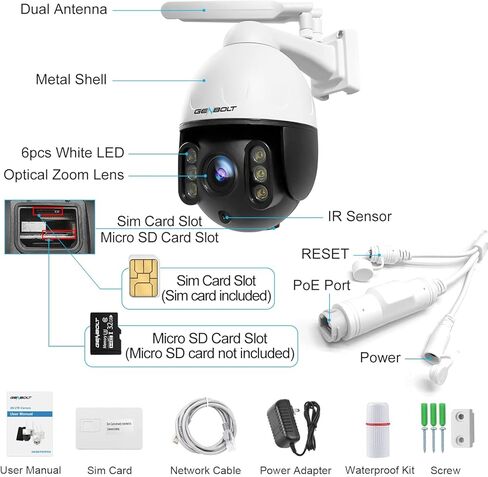 كاميرا مراقبة خارجية 3G/4G LTE PTZ من جينبولت، 2.5K، تكبير بصري 9X، كاميرا مراقبة اي بي او اي سي سي تي في مع شريحة اتصال، ضوء كاشف 5MP رؤية ليلية وصفارة انذار وانذار تلقائي وتتبع البشر [تيار مستمر in Kuwait