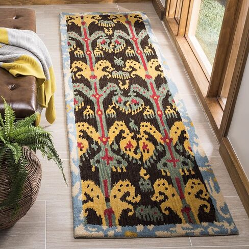 سجادة SAFAVIEH Ikat Collection Runner - 2'3" x 8'، فحمي وأزرق، صوف مصنوع يدويًا، مثالية للمناطق ذات حركة المرور العالية في غرفة المعيشة وغرفة النوم (IKT221A) in Saudi Arabia
