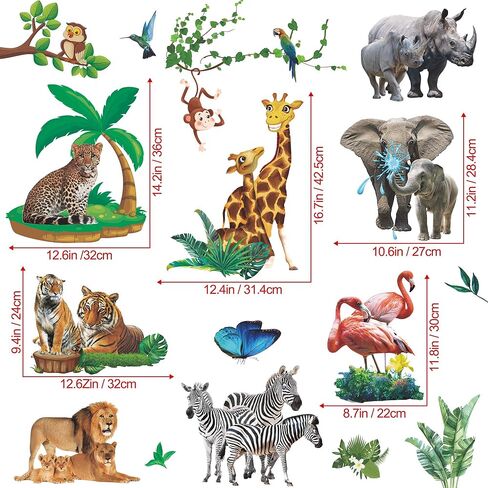 Amaonm Removable 3D Nature Wildlife Animals with Plants Green Leaves Tree Vine Wall Sticker Monkey Birds Leopard Peel and Stick Decor Wall Decals for Home Wall Kids Baby Bedroom Living Room Nursery in Saudi Arabia