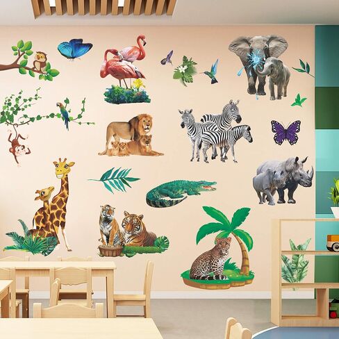 Amaonm Removable 3D Nature Wildlife Animals with Plants Green Leaves Tree Vine Wall Sticker Monkey Birds Leopard Peel and Stick Decor Wall Decals for Home Wall Kids Baby Bedroom Living Room Nursery in Saudi Arabia