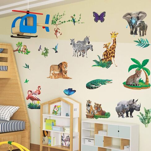 Amaonm Removable 3D Nature Wildlife Animals with Plants Green Leaves Tree Vine Wall Sticker Monkey Birds Leopard Peel and Stick Decor Wall Decals for Home Wall Kids Baby Bedroom Living Room Nursery in Saudi Arabia
