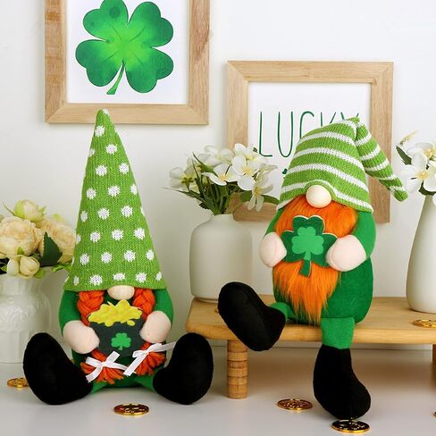 هدايا الأرنب جوقة سانت باتريك يوم التماثيل، 2 قطعة مصنوعة يدويًا من القطيفة السويدية جنوم إسكندنافي مع وعاء شامروك محظوظ من العملات الذهبية في مزرعة عيد القديس باتريك ديكورات لديكور طاولة المنزل in Kuwait