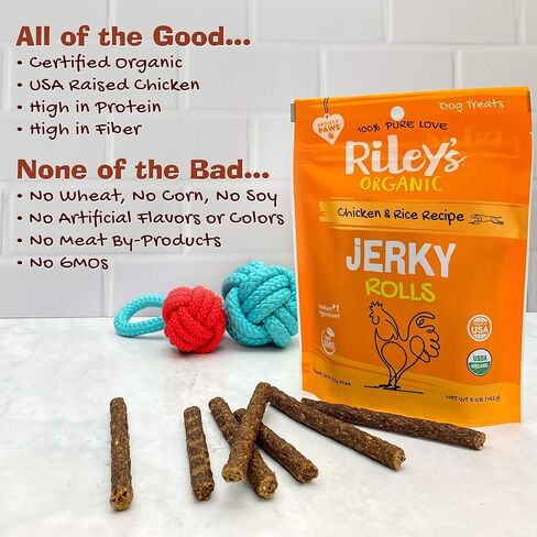 Riley's Organic Dog Jerky Treats - Chicken Jerky Dog Treats - Chicken & Rice Dog Training Treats - Organic - Soft Jerky Treats for Dogs - Easy Snap for Any Size Dog - 5 oz in Kuwait