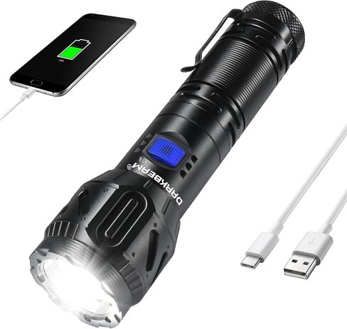 مصباح يدوي LED DARKBEAM قابل لإعادة الشحن USB - C 750000LM فائق السطوع، مع 5 أوضاع وإخراج طاقة متنقلة - تركيز قابل للتعديل، مقاوم للماء يدوم طويلاً - التخييم، الاستخدام في حالات الطوارئ، المشي لمسافات طويلة in Kuwait