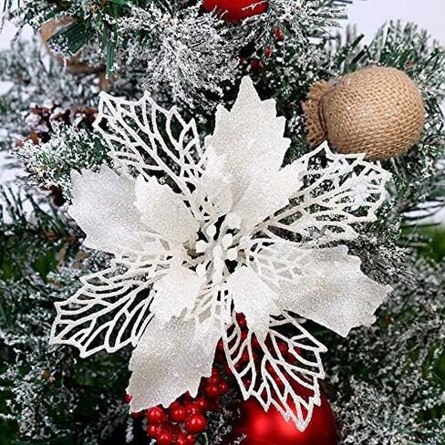 GL-Turelifes 12 Pcs 6.3'' Glitter Poinsettia Flowers Artificial White Christmas Flowers Christmas Tree Flowers Wreath Tree Ornaments with 12 Pcs Green Flower Stem in Saudi Arabia