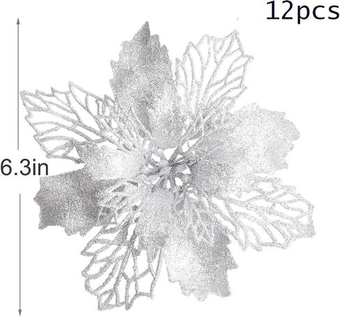 GL-Turelifes 12 Pcs 6.3'' Glitter Poinsettia Flowers Artificial White Christmas Flowers Christmas Tree Flowers Wreath Tree Ornaments with 12 Pcs Green Flower Stem in Saudi Arabia