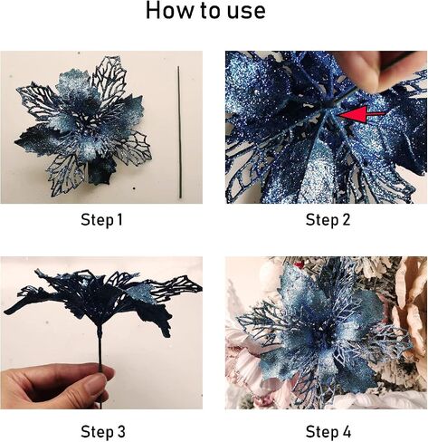 GL-Turelifes 12 Pcs 6.3'' Glitter Poinsettia Flowers Artificial White Christmas Flowers Christmas Tree Flowers Wreath Tree Ornaments with 12 Pcs Green Flower Stem in Saudi Arabia