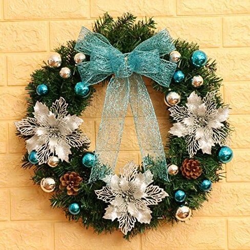 GL-Turelifes 12 Pcs 6.3'' Glitter Poinsettia Flowers Artificial White Christmas Flowers Christmas Tree Flowers Wreath Tree Ornaments with 12 Pcs Green Flower Stem in Saudi Arabia