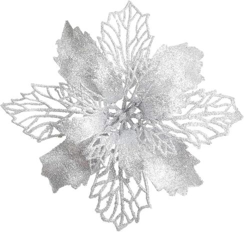 GL-Turelifes 12 Pcs 6.3'' Glitter Poinsettia Flowers Artificial White Christmas Flowers Christmas Tree Flowers Wreath Tree Ornaments with 12 Pcs Green Flower Stem in Saudi Arabia