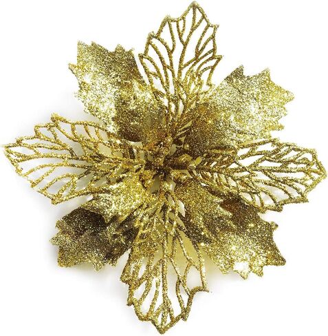 GL-Turelifes 12 Pcs 6.3'' Glitter Poinsettia Flowers Artificial White Christmas Flowers Christmas Tree Flowers Wreath Tree Ornaments with 12 Pcs Green Flower Stem in Saudi Arabia