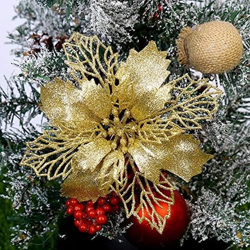 GL-Turelifes 12 Pcs 6.3'' Glitter Poinsettia Flowers Artificial White Christmas Flowers Christmas Tree Flowers Wreath Tree Ornaments with 12 Pcs Green Flower Stem in Saudi Arabia