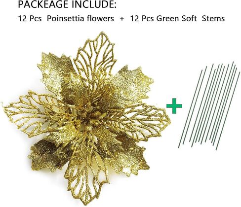 GL-Turelifes 12 Pcs 6.3'' Glitter Poinsettia Flowers Artificial White Christmas Flowers Christmas Tree Flowers Wreath Tree Ornaments with 12 Pcs Green Flower Stem in Saudi Arabia