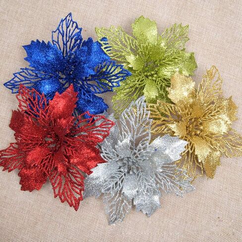 GL-Turelifes 12 Pcs 6.3'' Glitter Poinsettia Flowers Artificial White Christmas Flowers Christmas Tree Flowers Wreath Tree Ornaments with 12 Pcs Green Flower Stem in Saudi Arabia