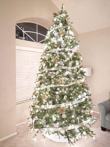 GL-Turelifes 12 Pcs 6.3'' Glitter Poinsettia Flowers Artificial White Christmas Flowers Christmas Tree Flowers Wreath Tree Ornaments with 12 Pcs Green Flower Stem in Saudi Arabia