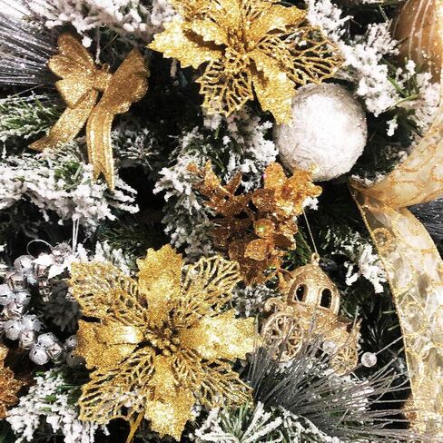 GL-Turelifes 12 Pcs 6.3'' Glitter Poinsettia Flowers Artificial White Christmas Flowers Christmas Tree Flowers Wreath Tree Ornaments with 12 Pcs Green Flower Stem in Saudi Arabia