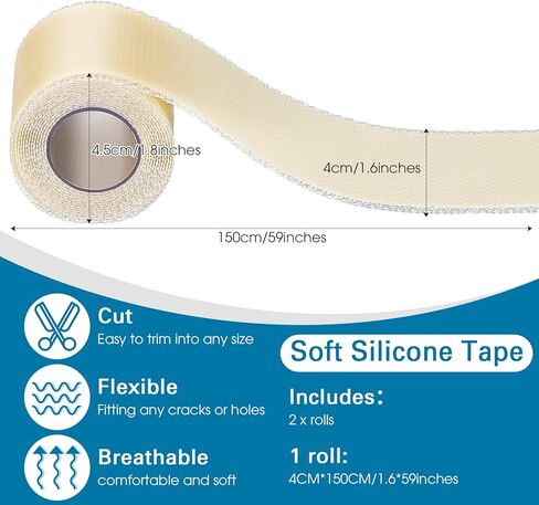 Dansib 2 لفات من شريط السيليكون الناعم مقاس 59 × 1.57 بوصة، شريط سيليكون مقاوم للماء قابل لإعادة الاستخدام لمنع الأحذية من طحن القدمين، إزالة بثور الجسم، الجلد وقناع الاحتكاك، لوازم الوقاية من العيون in Kuwait