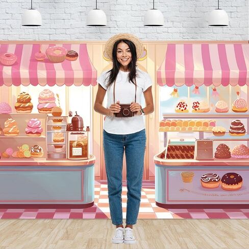MAQTT Sweet Shoppe خلفية للفتيات حفلة عيد ميلاد الديكور الوردي الحلو Shoppe خلفية التصوير الفوتوغرافي لاستحمام الطفل لطيف كريم كعكة الصورة كشك استوديو كعكة ديكور الجدول 7X5ft in Kuwait