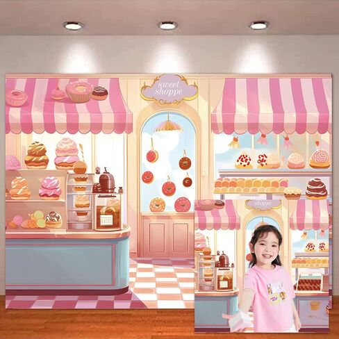 MAQTT Sweet Shoppe خلفية للفتيات حفلة عيد ميلاد الديكور الوردي الحلو Shoppe خلفية التصوير الفوتوغرافي لاستحمام الطفل لطيف كريم كعكة الصورة كشك استوديو كعكة ديكور الجدول 7X5ft in Kuwait