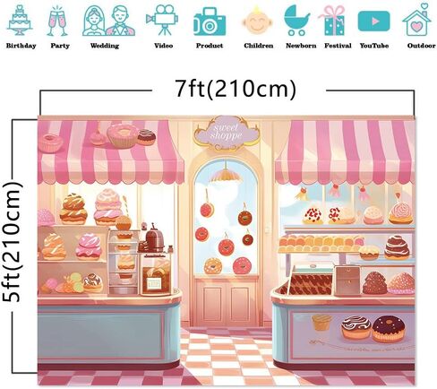 MAQTT Sweet Shoppe خلفية للفتيات حفلة عيد ميلاد الديكور الوردي الحلو Shoppe خلفية التصوير الفوتوغرافي لاستحمام الطفل لطيف كريم كعكة الصورة كشك استوديو كعكة ديكور الجدول 7X5ft in Kuwait